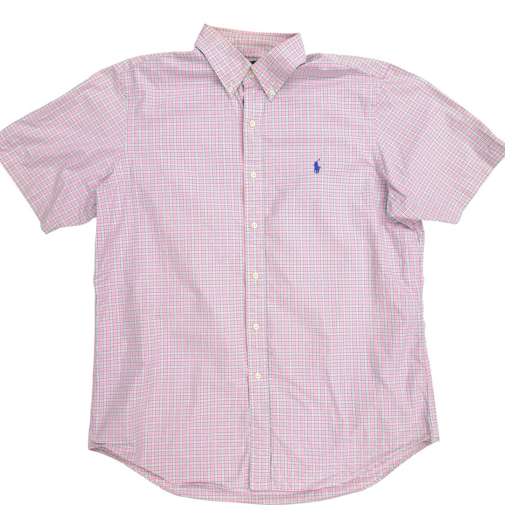 Ralph Lauren Mens Large Short Sleeve Button Down Shirt Logo Pink Plaid Cotton